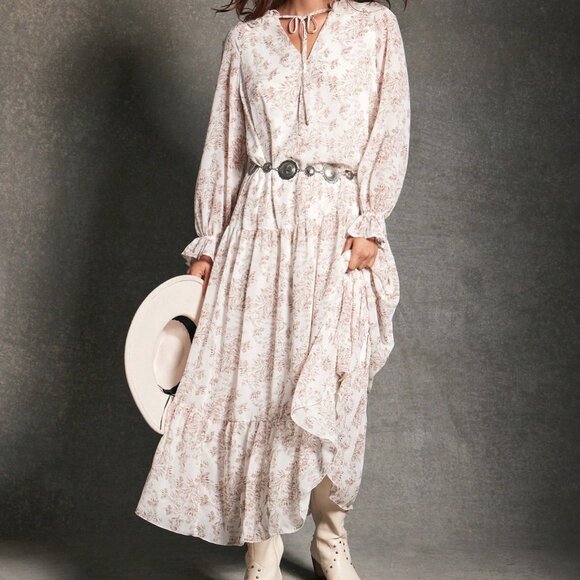 Brown Casual Women's Chiffon Long Sleeve Floral Maxi Dress - Picture 5 of 5